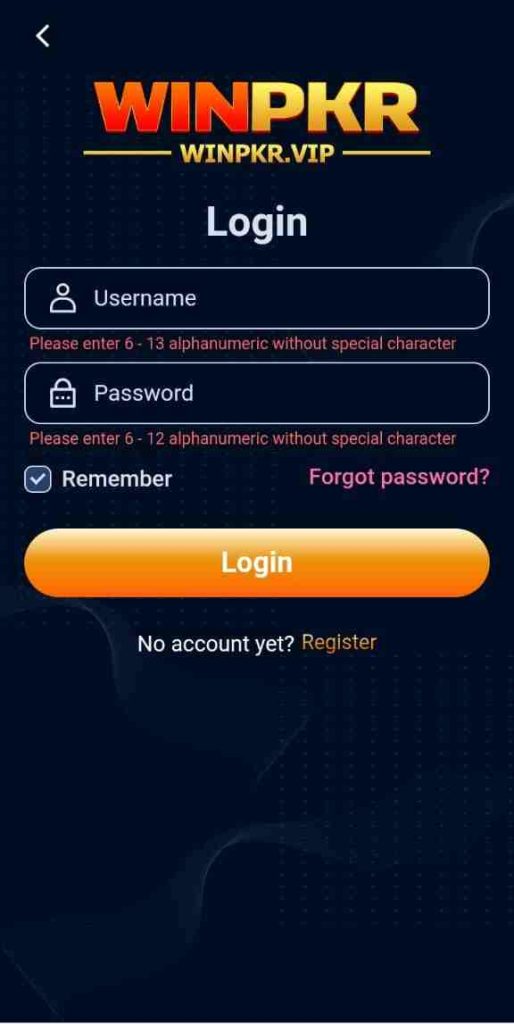 This is winpkr apk login interface